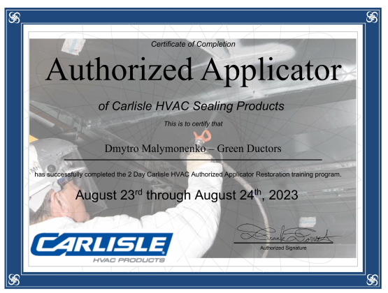 Authorized Applicator HVAC certifications Dmytro Malymonenko