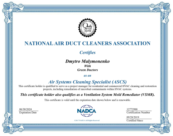 NADCA certifications ASCS Dmytro Malymonenko