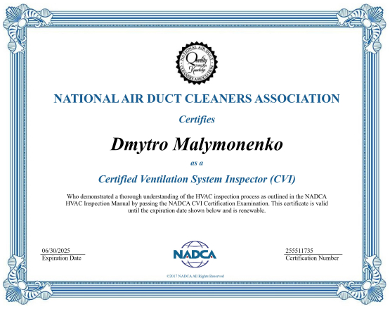NADCA certifications CVI Dmytro Malymonenko