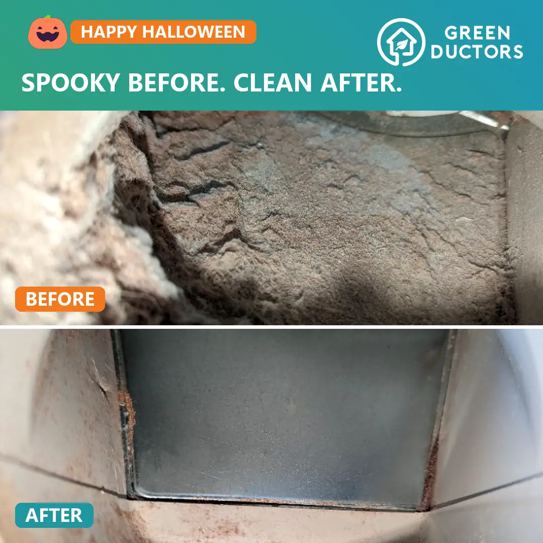 Before and after air duct cleaning NYC by Green Ductors: a vent covered in thick dust and the same vent clean after cleaning